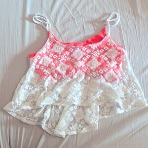 Hot pink crop top with white lacy overlay